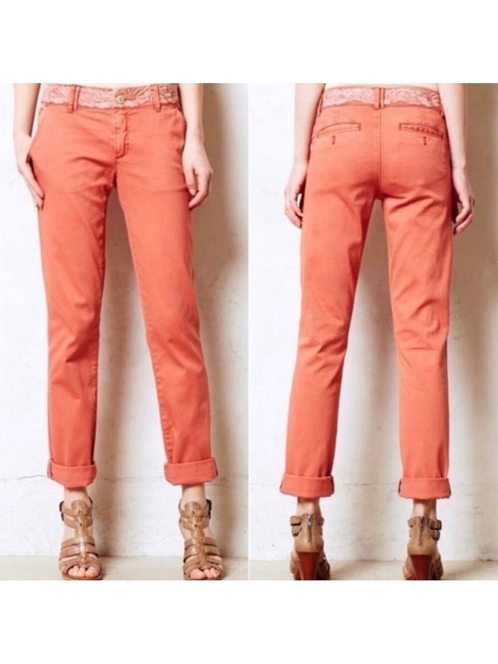 Pilcro and the Letterpress Women’s Hyphen Fit Lace Detail Chinos Coral Size 26 - Picture 7 of 7